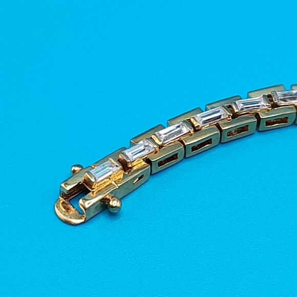 Vintage Clear Baguette Rhinestone Tennis Bracelet, Gold Plated, 7 Inches - Picture 10 of 10